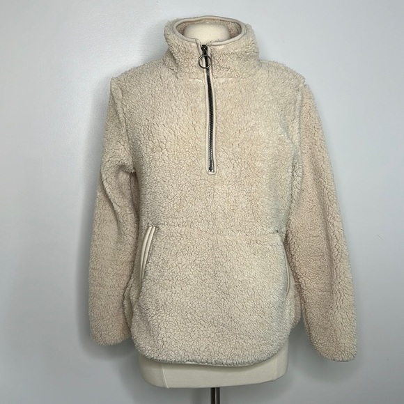 te verde oatmeal cream fuzzy fleece sherpa 1/4 zip pullover, size Medium - Picture 1 of 9